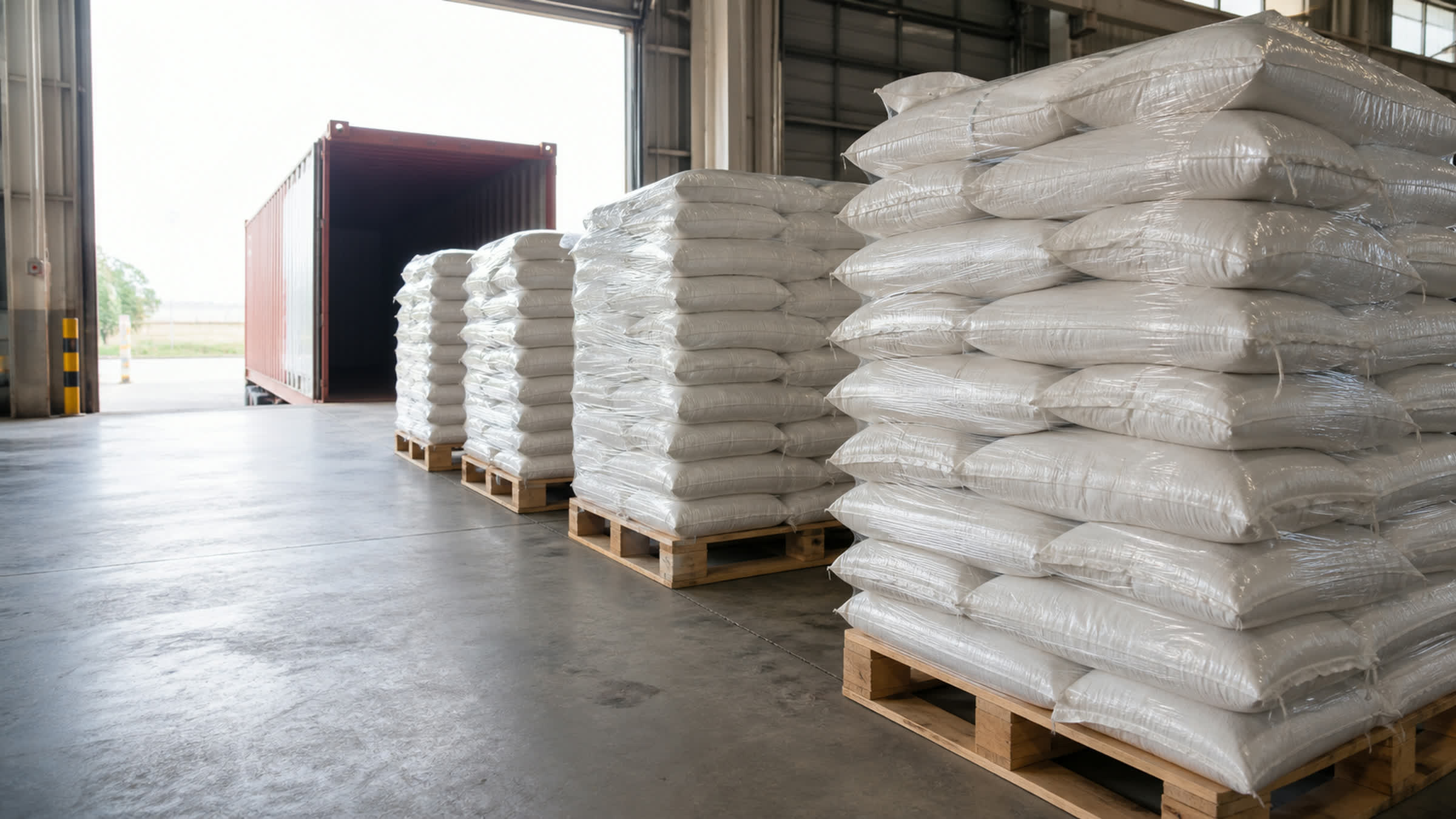 Palletised bags of Himalayan salt being loaded into a shipping container